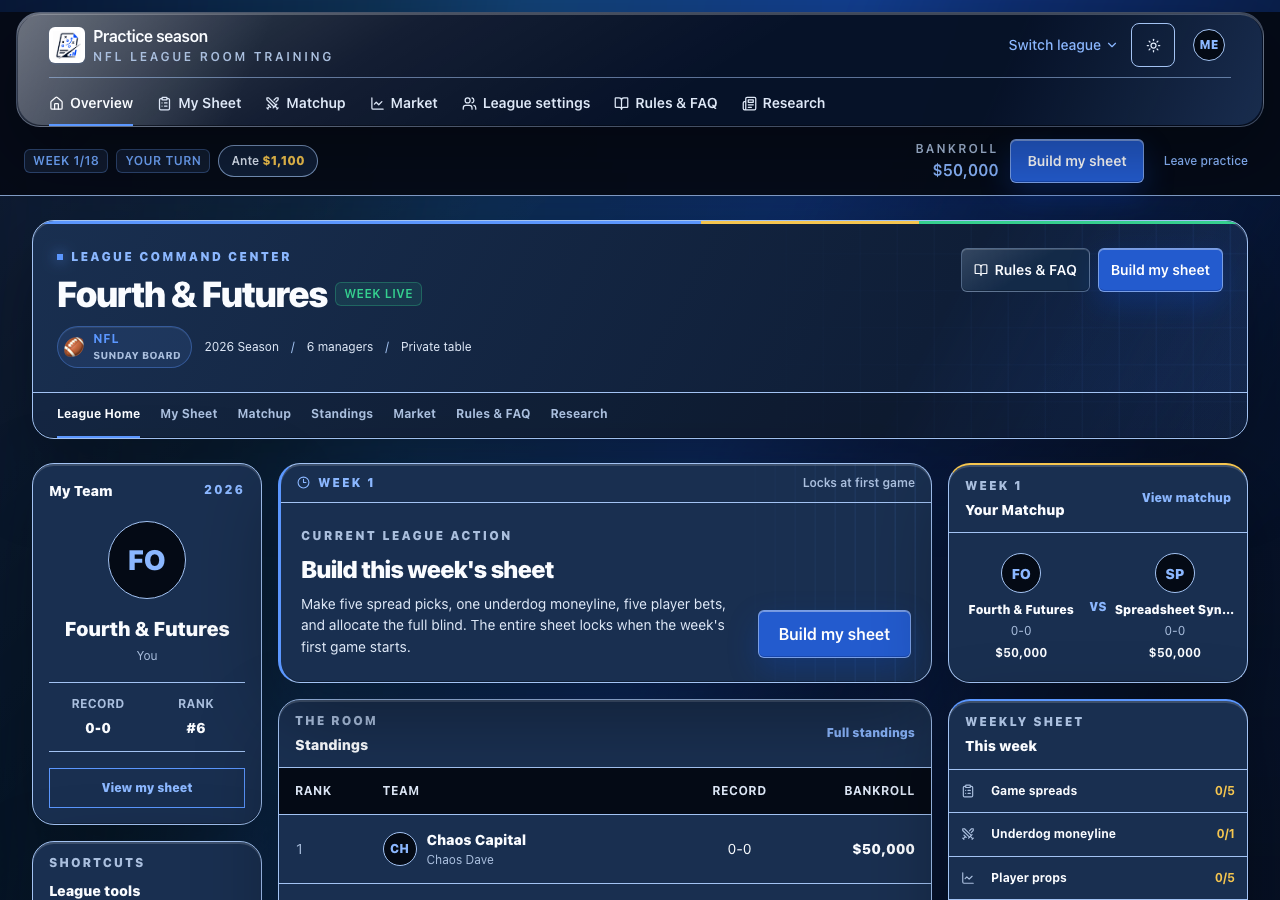 Actual Sharp Sheet tutorial league home with matchup, bankroll, and standings