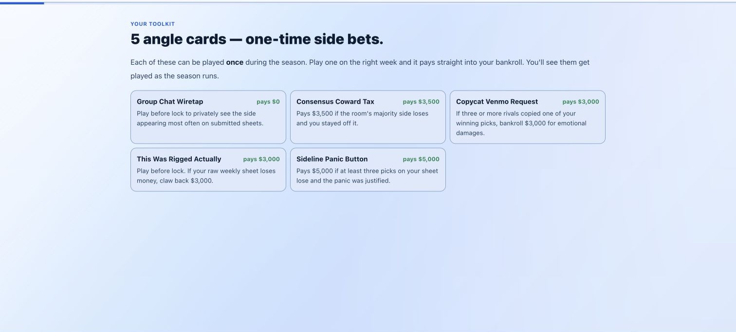 Sharp Sheet angle card toolkit with one-time football side bets and bankroll payouts.